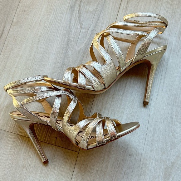 Sam Edelman Metallic Aviana Heeled Sandal Size 9 Gold Ankle Strap - Picture 2 of 7